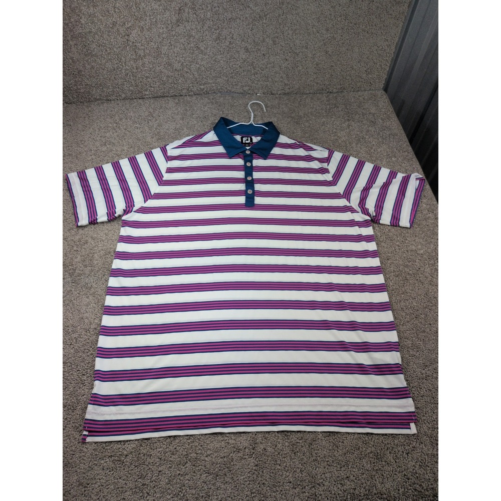 FootJoy Mens 2XL Striped Golf Polo Shirt White Pink Blue Performance Stretch FJ